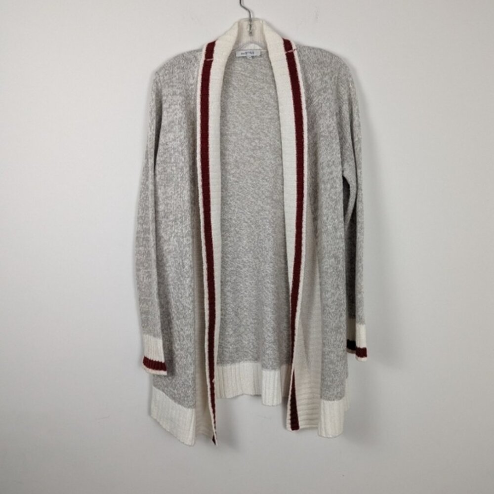 myStyle Open Front Cardigan with Contrast Trim - Light Grey Maroon, Size M